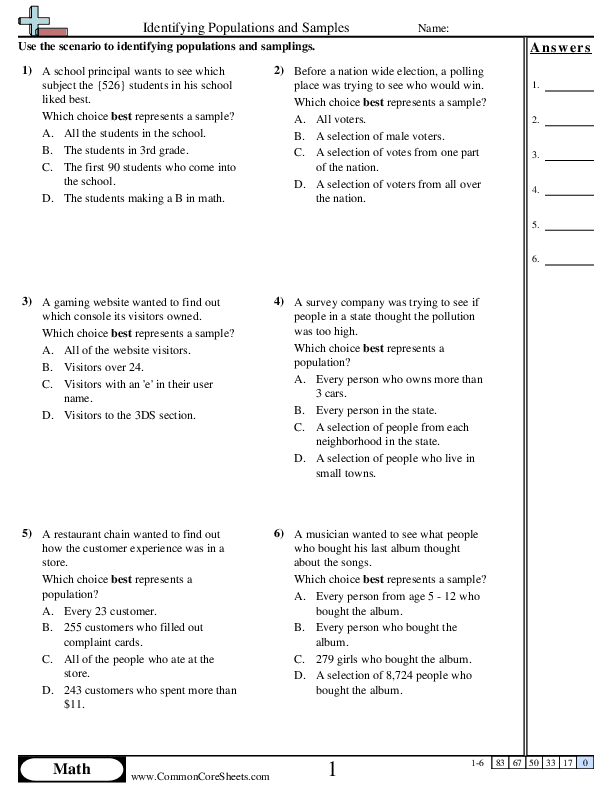 Identifying Populations and Samples worksheet